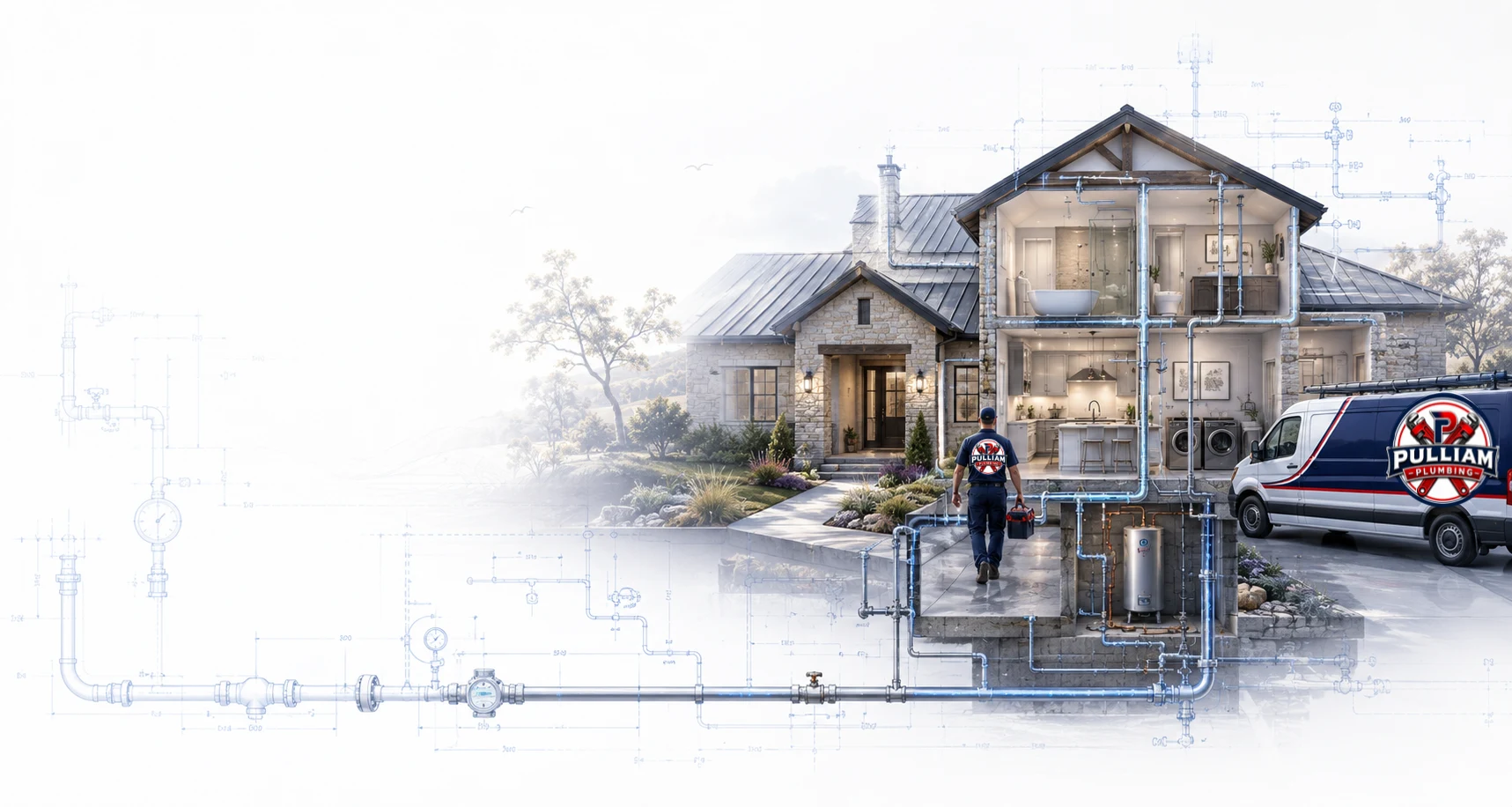 Cutaway illustration of a Hill Country home showing its water heater, supply lines and fixtures