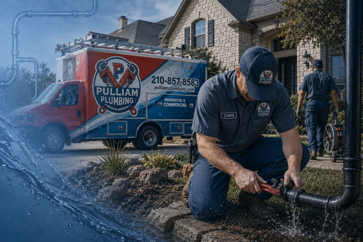 A Pulliam Plumbing tech repairing a leaking water line outside a stone Hill Country home