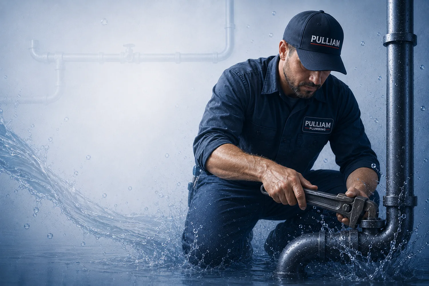 A Pulliam Plumbing tradesman working on pipework with a wrench