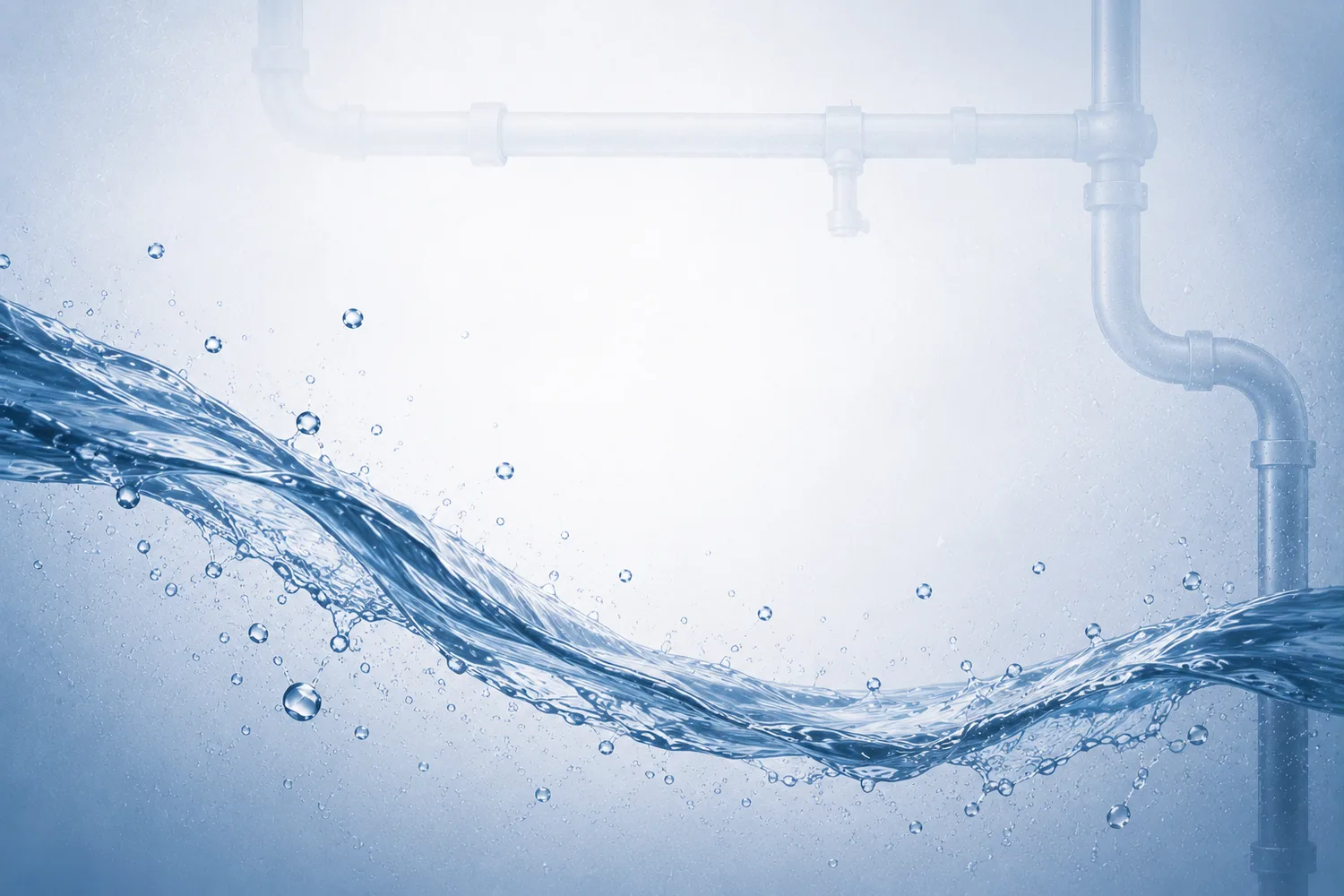 Clear water running in a smooth wave beneath household supply pipes